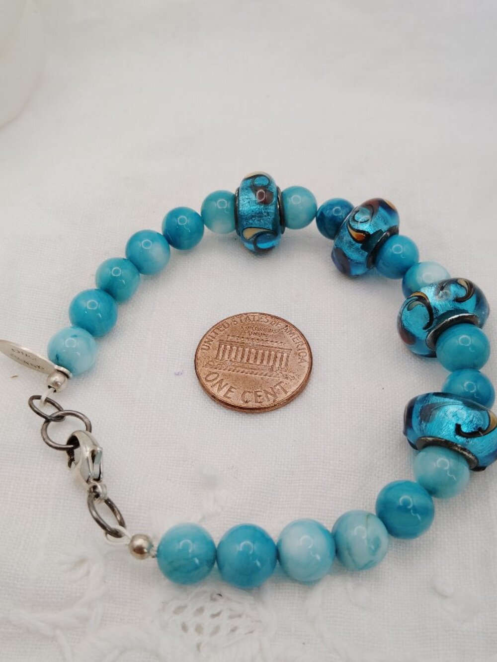 Chez Dennis Turquoise Glass & Sterling Bracelet – 7” Artisan Beaded Mix - Picture 2 of 6